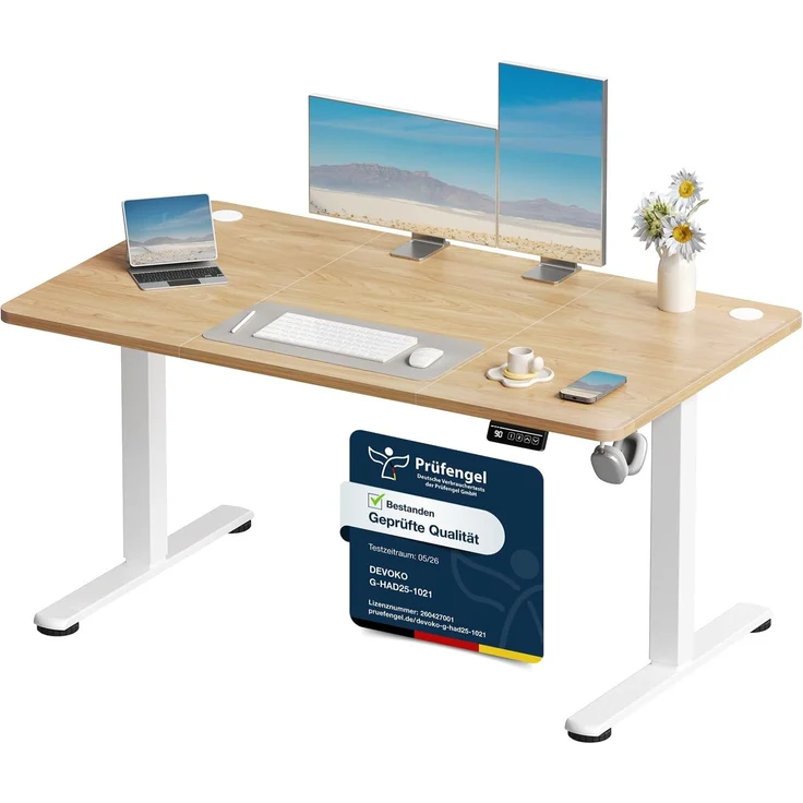 Devoko Elektrisch Höhenverstellbarer Schreibtisch 130 x 60cm,Beige | Schreibtisch Höhenverstellbar Tisch, Steh-Sitz Bürotisch, Computertisch mit Memory-Funktion, Stehpult, Standing Desk