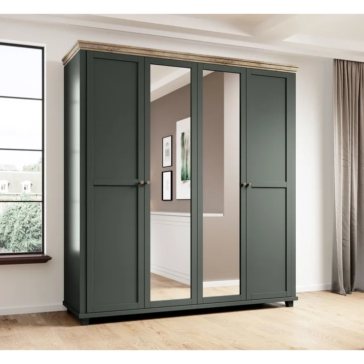 Kleiderschrank Elda Drehtürenschränk 4-türig 200x62x216cm grün Eiche Lefkas