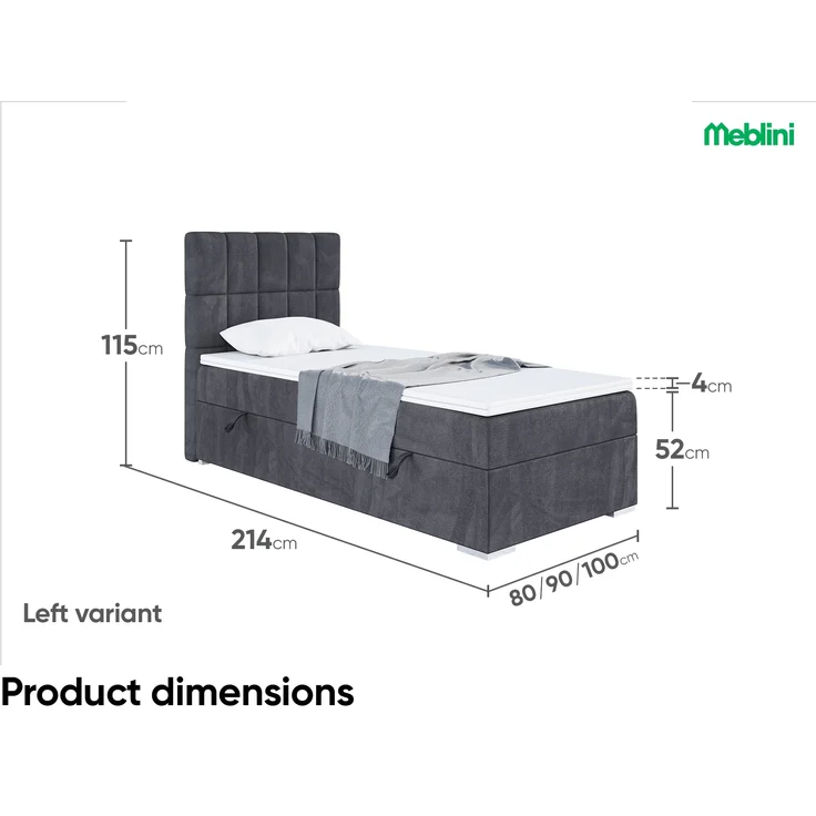 MEBLINI Boxspringbett LUKAS 80x200 cm mit Bettkasten - H3/Dunkelgrau Samt Gepolstert Einzelbett mit Topper & Taschenfederkern-Matratze - 80x200 Links – Bild 7