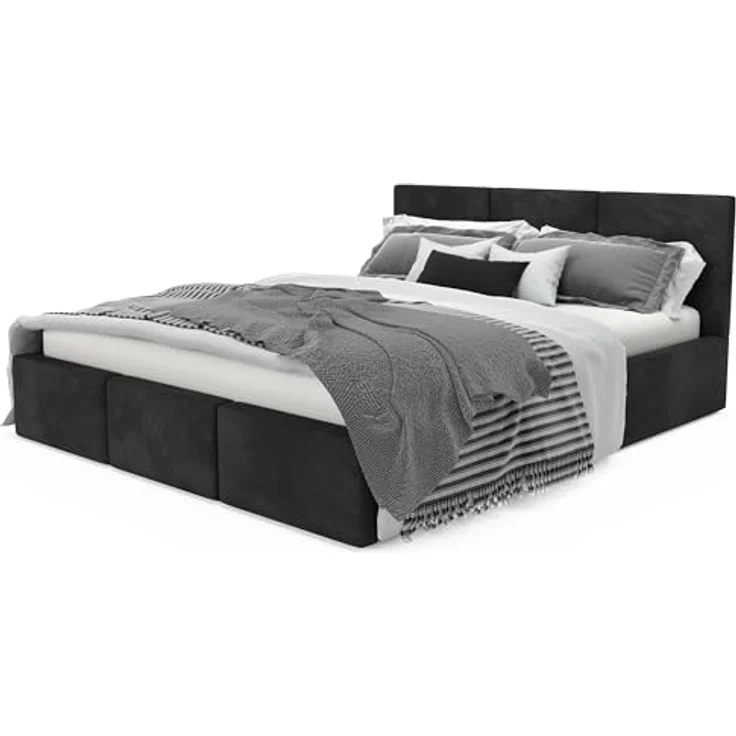 Muralo Polsterbett mit Bettkasten und Kopfteil, Metallgestell, Schwarz, 160x200 cm, Petproof Magic Velvet Stoff – Bild 1