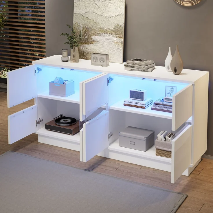ZUBALIYA Sideboard 140x35x70 cm, mit LED-Beleuchtung, Hochglanz, mit 4 Türen, aus Spanplatte, Weiß – Bild 3