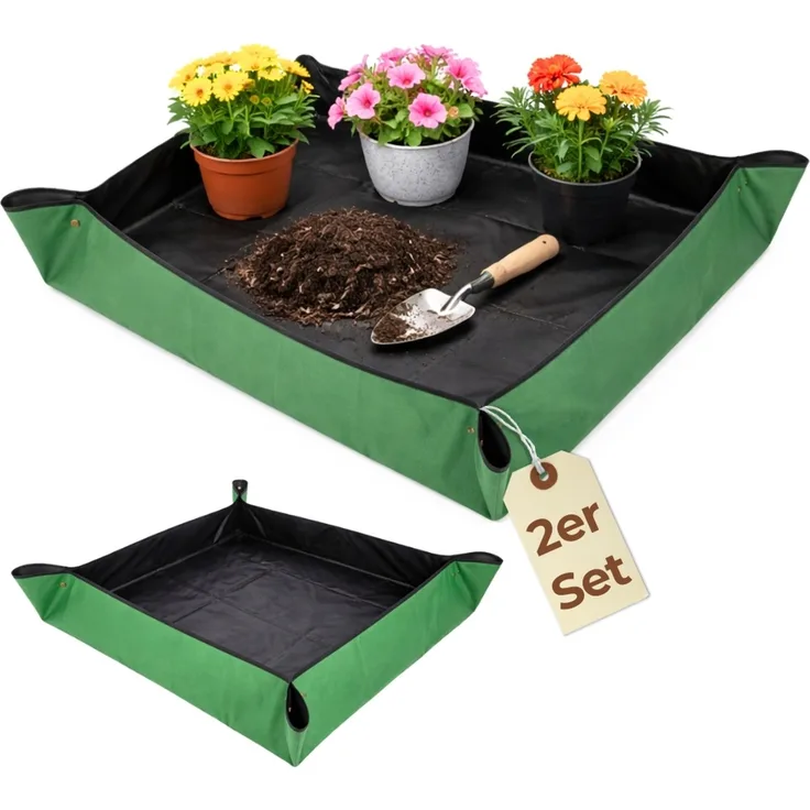 2er Set Pflanzen Umtopfmatte Wasserdicht Pflanzunterlage Faltbar Pflanzenmatte Tragbare Gartenmatte Grün Pflanzwanne Pflanzen Zubehör Umpflanzmatte 70x70 Oxford 600D