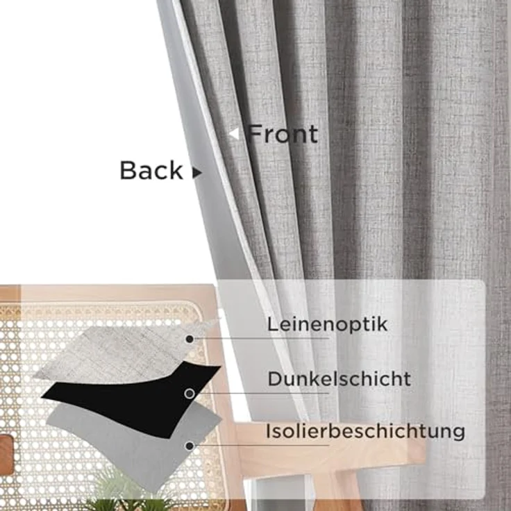 Joydeco 100% Verdunkelungsvorhänge Leinen Gardinen mit Kräuselband 2er Set H183xB117cm Grauweiß, Thermovorhang Kälteschutz Blickdicht Schallschutz Ideal für Wohnzimmer passt zu Schienensystemen – Bild 4