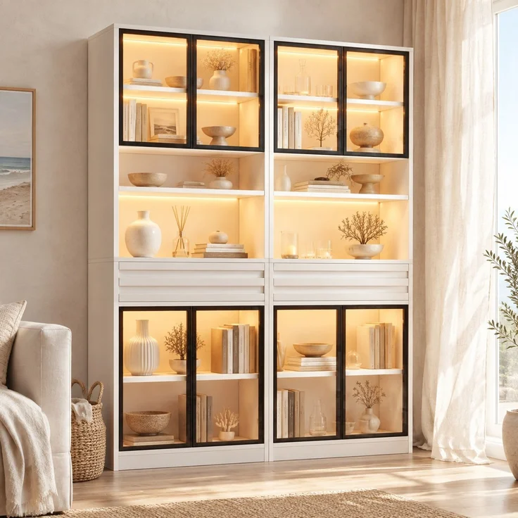 DESVIAE Regal-Set 2-tlg. Weiß aus MDF – 160x200x35 cm – 8 Glastüren, 2 Schubladen, LED-Beleuchtung – Bild 1