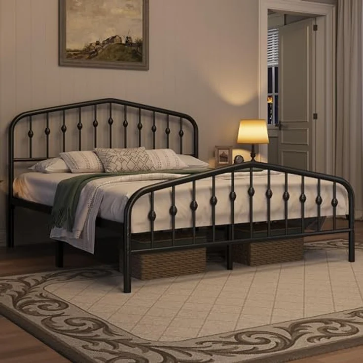 Yaheetech Bettrahmen 160x200 cm, Vintage Metallbett mit kronenförmigem Kopfteil, Stabiles Bettgestell Doppelbett aus Metall, Robust & Leichte Montage Gästebett Jugendbett Tagesbett, Schwarz – Bild 2