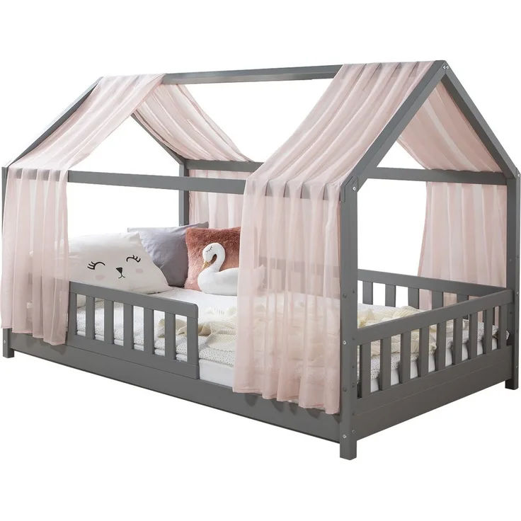 Ticaa Hausbett Kim mit Rausfallschutz aus Kiefer, Kinderbett 140x200, inkl. Tüll-Set, mit Rollrost, mit Matratze