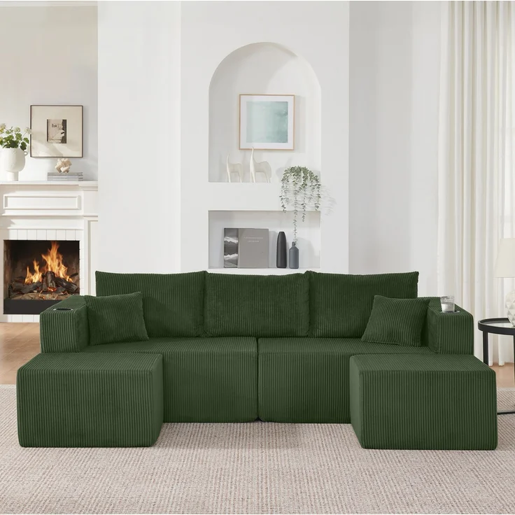 DESVIAE Sofa modular mit 2 Ottomanen und Getränkehaltern aus Schaumstoff mit Cordbezug Grün, 138 x 230 x 75 cm – Bild 3
