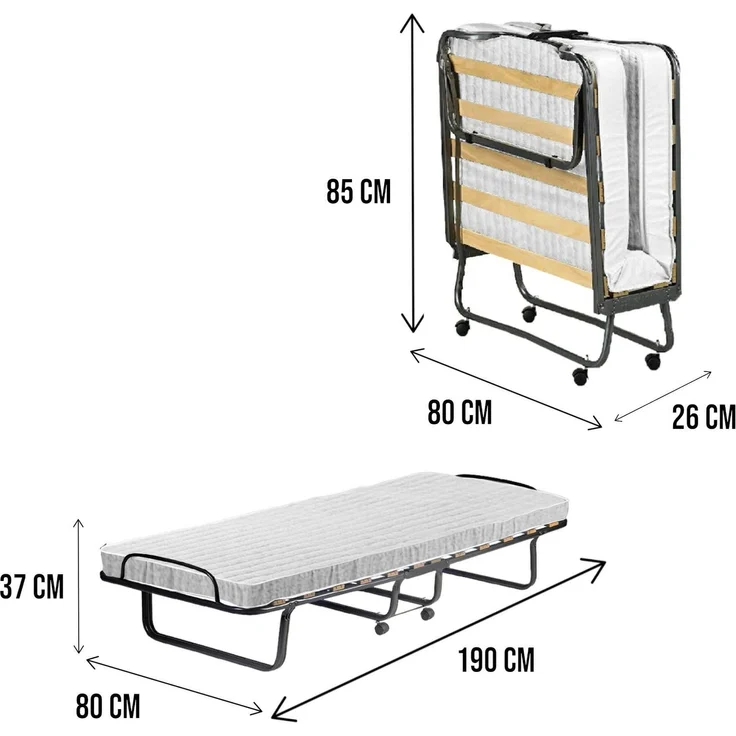 Dmora Tellus-Klappbett, Feldbett mit 12 Latten, inklusive Matratze, platzsparendes Kinderbett, 100 % Made in Italy, 80 x 190 x 37 cm, mit Hülle – Bild 3