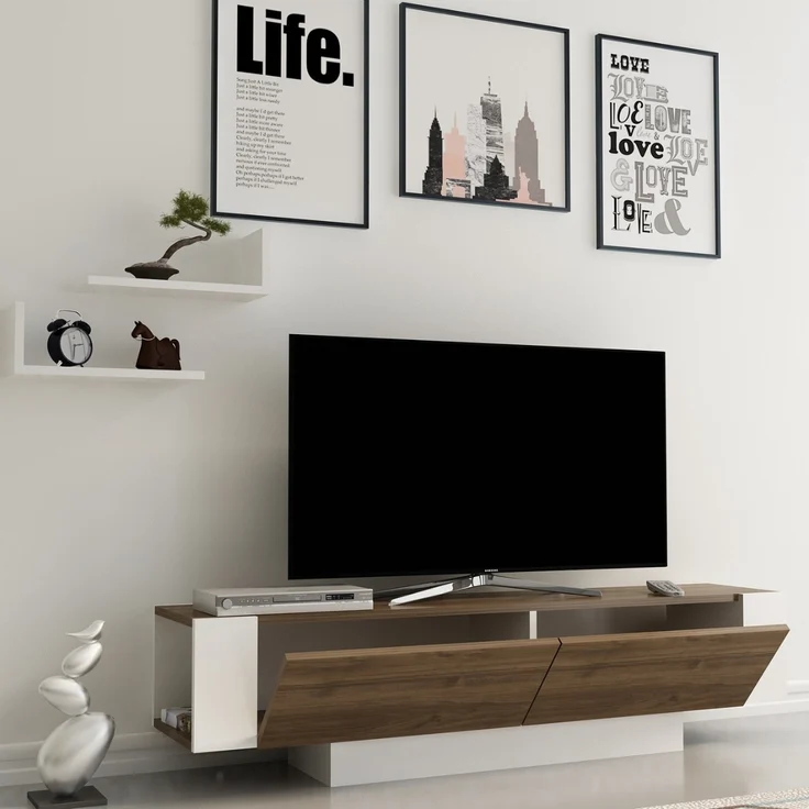 Calicosy TV-Schrank 2 Türen Nussbaum und Weiß Dekor L150 cm - MATERA - Dunkles Holz – Bild 2