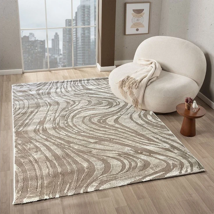 Vimoda Teppich Wellenmuster, modernerer Design, dicht & weich, Rechteckig, Höhe: 11 mm, Uni, Läufer Taupe, 3D Effekt, Wohnzimmer, Schlafzimmer – Bild 1