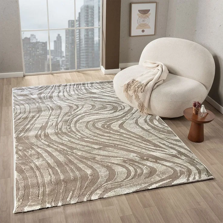 Vimoda Teppich Wellenmuster, modernerer Design, dicht & weich, Rechteckig, Höhe: 11 mm, Uni, Läufer Taupe, 3D Effekt, Wohnzimmer, Schlafzimmer