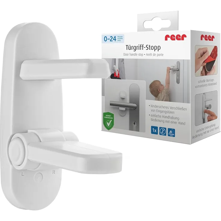 reer Türgriff-Stopp, Kindersicherung für Wohnungs- und Eingangstüren, Türgriffschutz, Türklinkenpuffer, Türstopper