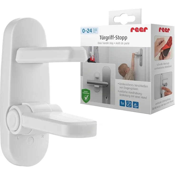 reer Türgriff-Stopp, Kindersicherung für Wohnungs- und Eingangstüren, Türgriffschutz, Türklinkenpuffer, Türstopper – Bild 1