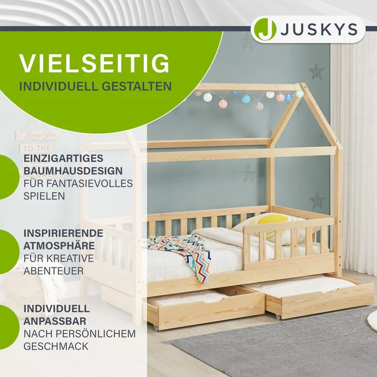 Juskys 'Marli' Kinderbett, mit Matratze, Bettkasten, Rausfallschutz, Lattenrost & Dach - Massivholz Hausbett für Kinder - Bett in Natur, 80x160 cm – Bild 3