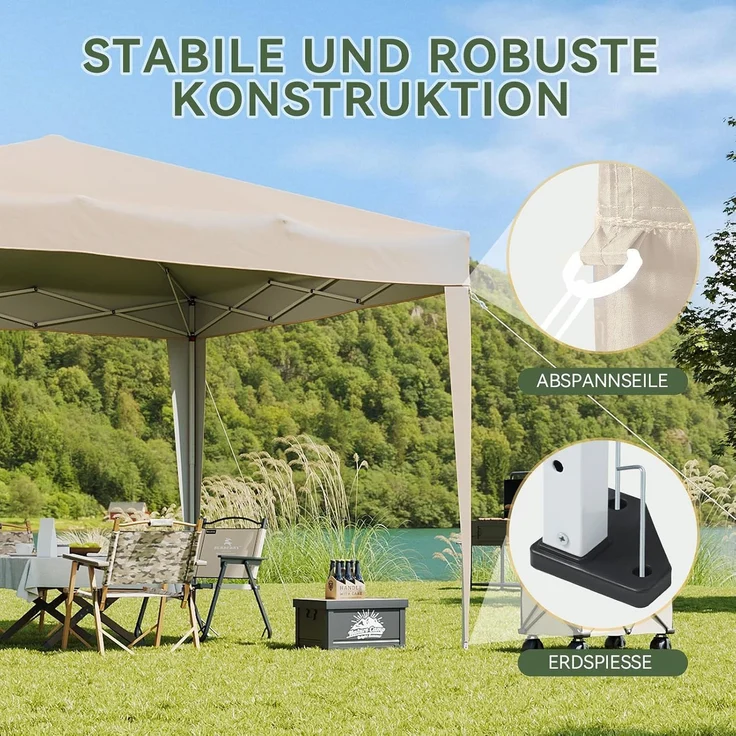 Aoxun Pop Up Pavillon 3x3 Wasserdicht mit 4 Seitenwänden, Metallrahmen-Schutzzelt, Höhe Verstellbar, 3mx3m Faltpavillon mit Tragetasche für Camping Party, Beige – Bild 4