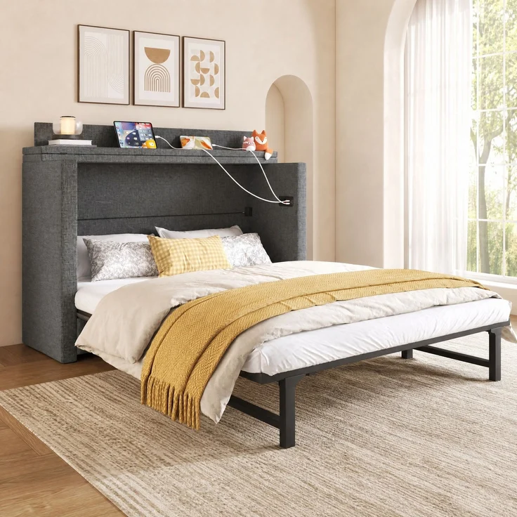 CHICFURN Bett aus Leinen Grau 140x200 cm mit Schublade und USB- und Type-C-Anschlüssen – Bild 2