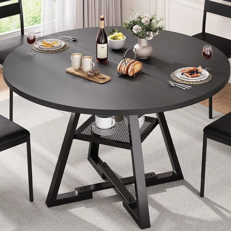 Jocoevol Esstisch Runder für 2–4 Personen, Esszimmertisch mit Ablage, platzsparender Küchentisch aus Holz im Industrial Design (Schwarz, 107 x 107 x 76 cm)