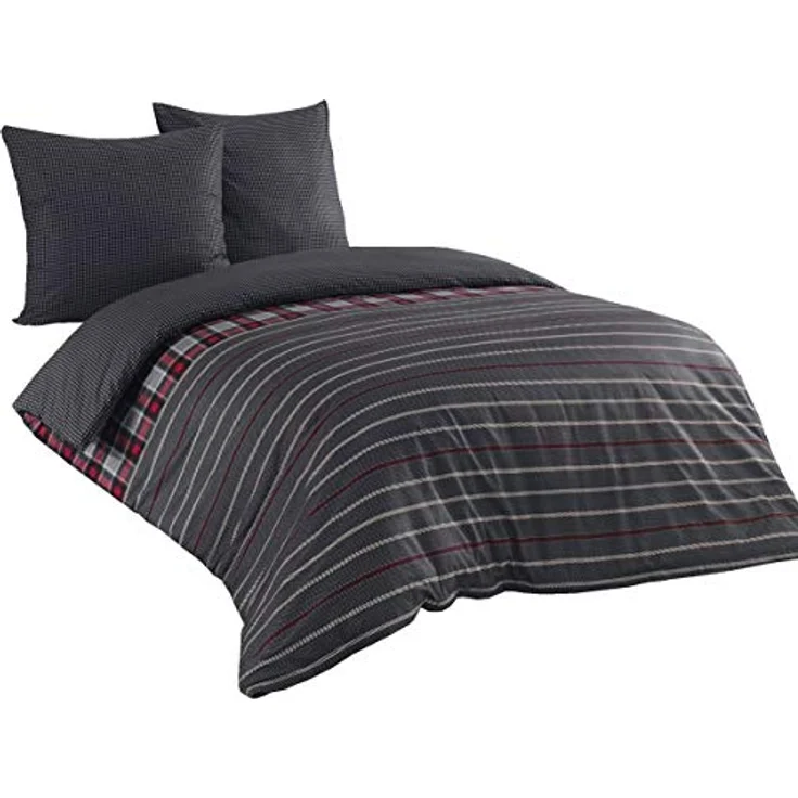 Buymax Bettwäsche Bettbezug Set, Renforcé, 3 teilig, 200x220 cm 100% Baumwolle Reißverschluss gestreift Antrazit Grau Rot – Bild 4