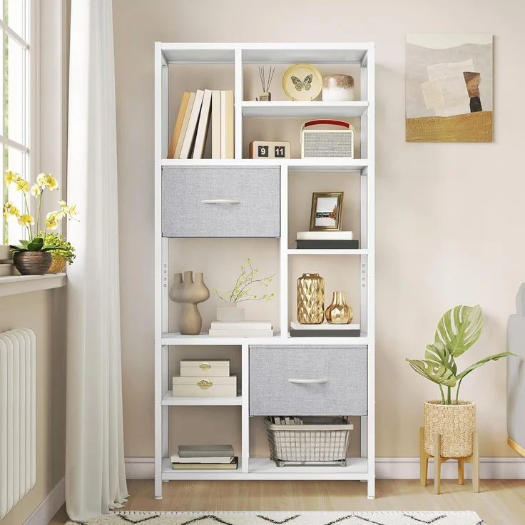 YITAHOME Bücherregal mit Schubladen, 7-stöckiges Standregal mit Stahlrahmen, Bodenstehendes Lagerregal, Industrieregal Aufbewahrungsregal, für Wohnzimmer, Büro, Flur, Küche, Weiß Regal – Bild 1