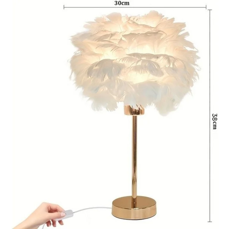 JDONG Tischleuchte Weiße kunstliche Feder, Deko Lampe Wohnzimmer 30/35cm, E27, 3000K Warmweiß, Nachttischlampe mit goldenem Sockel, Feder-Tischleuchte – Bild 4