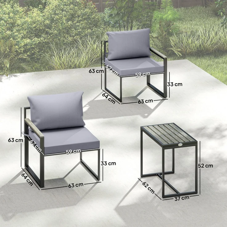 MELAYR, 3-teiliges Balkonmöbel Set 2 Sessel mit Tisch abnehmbar Sitz-& Rückenkissen atmungsaktiv, 64 x 63 x 63 cm, Grau – Bild 5