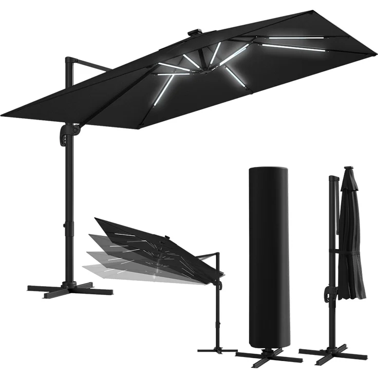 STEELSØN 'Lyrion' Sonnenschirm LED Solar 300x300 cm quadratisch, neigbar und 360-Grad drehbar, schwarz, Ampelschirm inkl. Abdeckung, UV50+ – Bild 1