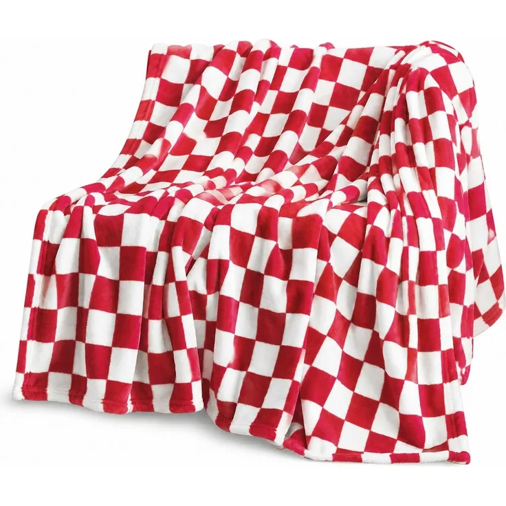 Flanell-Fleecedecke mit Karomuster für Sofa und Bett Rot-Weiß, 150x200 cm