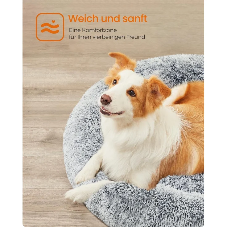 Feandrea Hundebett flauschig, Katzenbett, Donut Kissen, waschbar, Polsterung in der Mitte herausnehmbar, Langer Plüsch, 90 cm Durchmesser, Ombré-Grau PGW041G01 – Bild 3