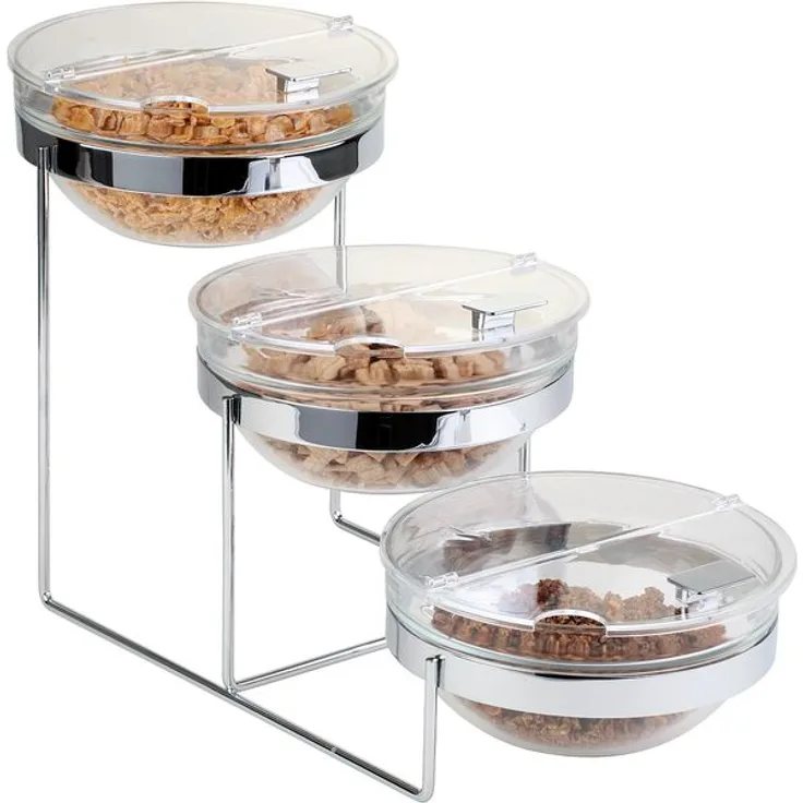 APS Buffet-Gestell 3-stufig, 7-tlg, mit 3 Glasschüsseln Ø 230 mm und Spuckschutzdeckel, Metall, Höhe 350 mm, Länge 610 mm, Breite 240 mm
