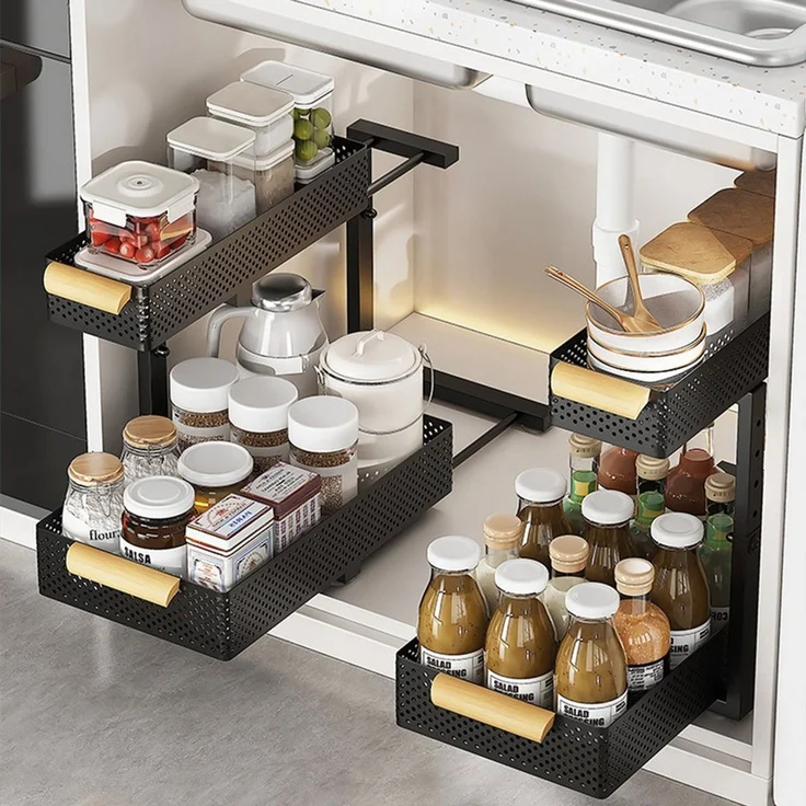 GarveeMore Küchenorganizer-Set 2 Layer CarbonStahl Küchenspüle Rack Schrank Schieben Ziehen Schublade, 41x39x31cm Gewürze Flasche geschichtet Lagerregal Badezimmer Organizer – Bild 3