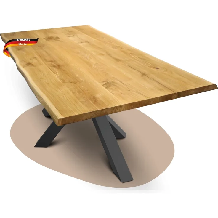 DELUKE® Massivholz Wohnzimmertisch mit Baumkante RAGNAR - 220x100cm, Eichenholz, H-Spider Gestell | Esstisch Holz Küchentisch Esszimmertisch