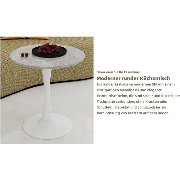 Novelux Runder Esstisch 70cm Marmor-Optik Weiß, Mid-Century Modern Küchentisch für 2-4 Personen, Kaffeetisch mit MDF-Platte & Metallgestell – Bild 5