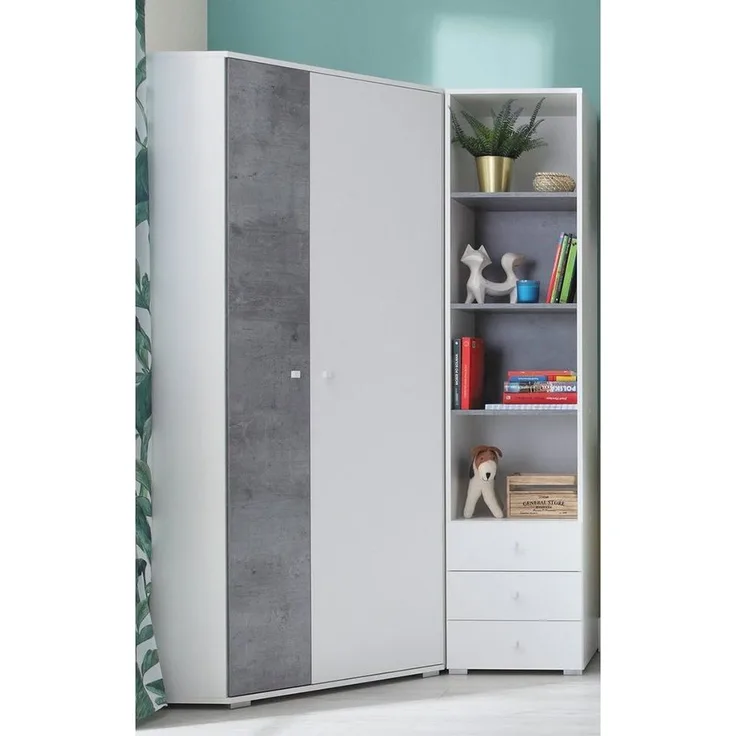 Lomadox Jugendzimmer-Set SEATTLE-133, (Sparset, 2-tlg), Eckkleiderschrank und Regal in Beton und weiß