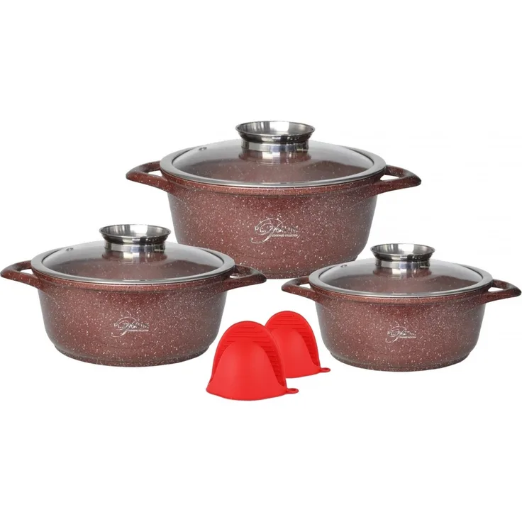 Kochtopf Set 8 tlg Topf Glasdeckel Aluguss Ø20,24,28cm Platinum DAS-202428 Braun