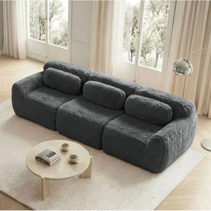 DESVIAE Sofa 3-Sitzer modular ohne Montage aus Plüsch Grau, 291 x 104 x 73 cm