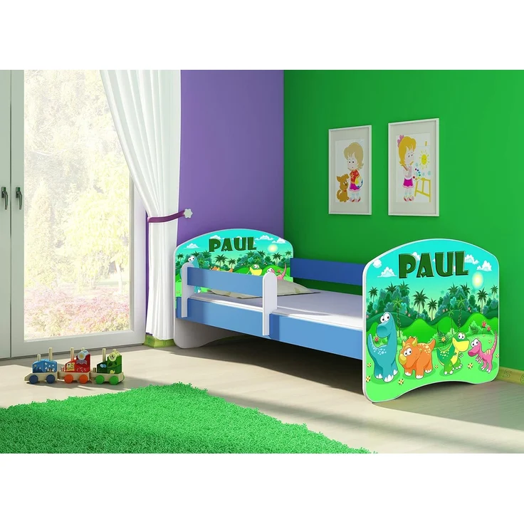 ACMA Kinderbett Jugendbett mit Einer Schublade und Matratze Blau mit Rausfallschutz Lattenrost II 140x70 160x80 180x80 (30 Dino, 140x70) – Bild 4