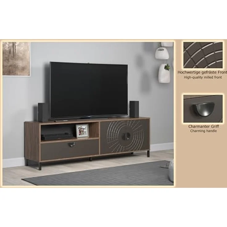 trendteam smart living - Fusion - TV-Schrank - Rostoptik/Perlbronze - TV-Unterteil mit 2 Türen, 2 Einlegeboden, 1 Schublade und 1 offenem Fach - (BxHxT) 183 x 55 x 40 cm - für TV 65-75 Zoll – Bild 8