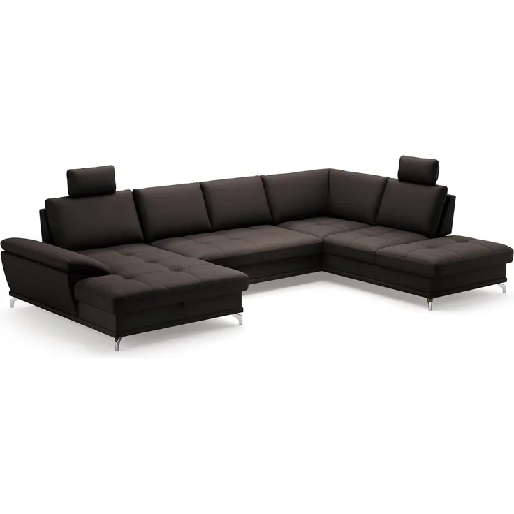 Cavadore Wohnlandschaft Castiel mit Federkern / Sofalandschaft mit XL-Longchair, Bett, Bettkasten, Sitztiefenverstellung und Kopfstützen / 363x89-104x223 / Echtleder, Dunkelbraun