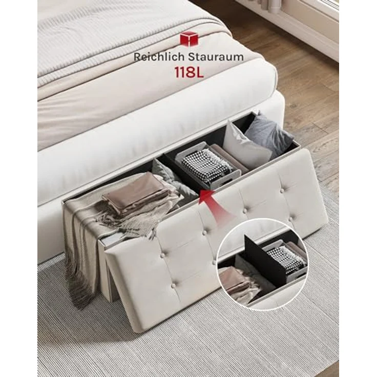 WOLTU Sitzhocker mit Stauraum Sitzbank faltbar Truhen Aufbewahrungsbox, Deckel abnehmbar, Gepolsterte Sitzfläche aus Samt, 110 x 37,5 x 38 cm, Cremeweiß, SH73cm – Bild 7