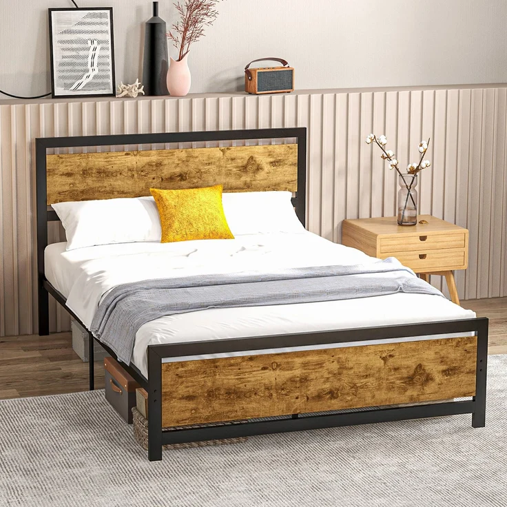 Bettgestell aus Holz und Stahl im Industrial-Stil mit Lattenrost,Schwarz, Rustikales Braun, 103 x 147 x 208 cm, Cecodadi – Bild 10