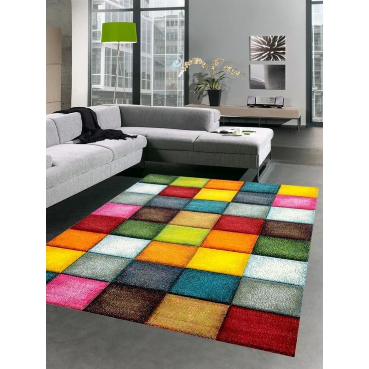 Carpetia Teppich Teppich modern Teppich Wohnzimmer Karo bunt gelb rot blau grün, rechteckig, Höhe: 13 mm – Bild 5