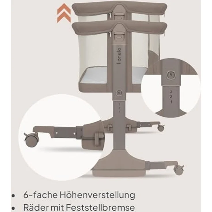 Lionelo Pari Beistellbett 3in1, 6-Fach höhenverstellbar mit Neigungsverstellung für Boxspringbett, als Wiege & Babybett, Netzseiten, Rollen mit Bremse, Matratze, Gurte, Transporttasche, 84x48 cm – Bild 7