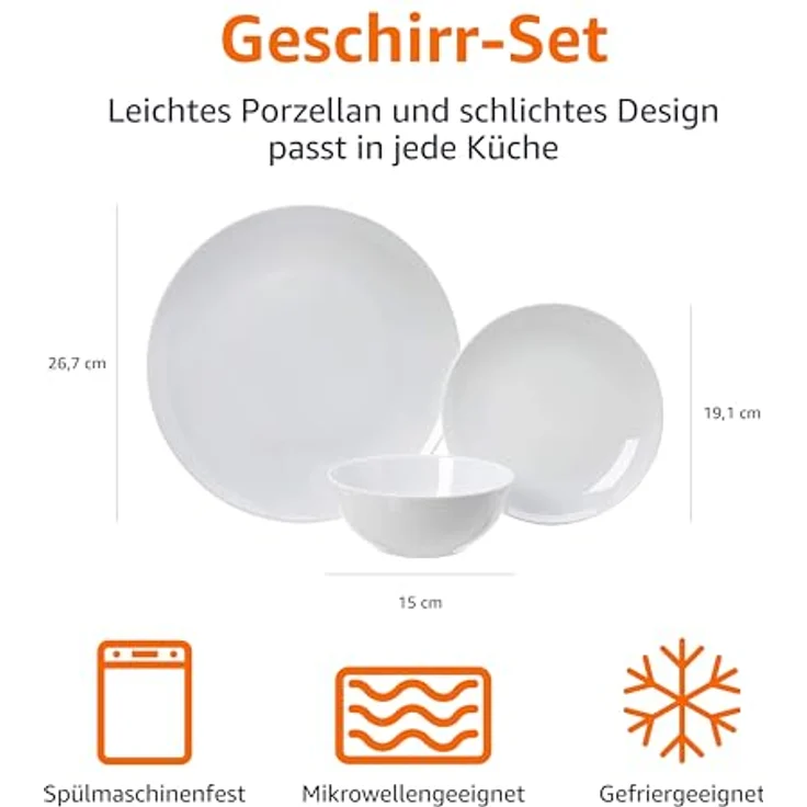 AmazonBasics Geschirrservice, 18-teilig, Weißes Porzellan Coupe, für 6 Personen – Bild 8