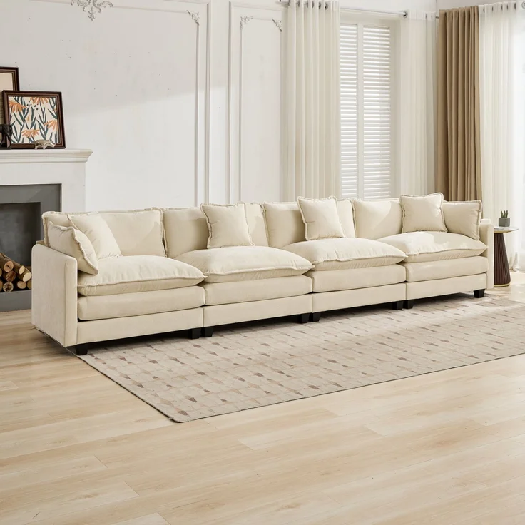 ZUBALIYA Sofa mit LED - Beleuchtung, mit Chenille - Bezug, mit Cordbezug, modular aufgebaut, aus Chenille, Beige – Bild 1