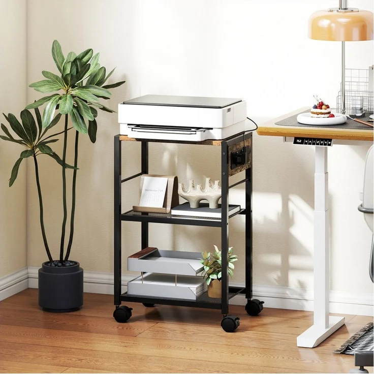 HOMCOM Aktenschrank mit Rollen, Steckdosen, USB- und USB-C-Anschlüsse (Druckeregal, 1-St, Druckerständer) bis 40 kg, für Büro Arbeitszimmer 42 x 28 x 64,5 cm Rustikalbraun – Bild 1