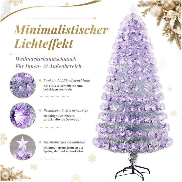 VINGLI Künstlicher Weihnachtsbaum mit Lichtern, Weihnachtsdeko mit Metallständer, für innen & Außen, Lichtfasern, 235 LEDs & 8 Modi, 230 Spitzen, PET, 180 cm, Silber-Lila – Bild 3