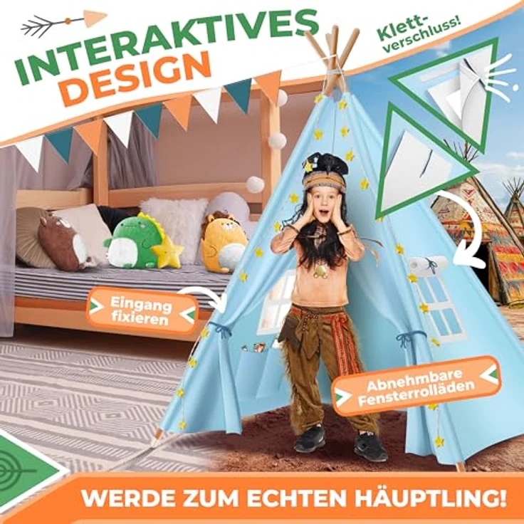 KIDIZ® Tipi Zelt für Kinder Spielzelt 100 x 100 x 160 cm Kinderzelt aus Baumwolle mit LED-Lichterkette, Leuchtstern, Fahnengirlande, 3 Plüschtiere, Untermatte & Tragetasche Spielhaus für drinnen & draußen Blau – Bild 4