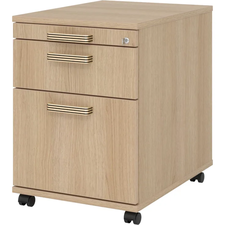 bümö Rollcontainer mit Hängeregistratur, Container abschließbar aus Holz in Eiche - Rollwagen für's Büro mit Hängeregister als Schreibtisch Unterschrank od. Bürocontainer m. Streifengriffe, AC20-E-E-SG