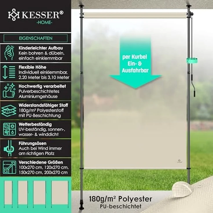 KESSER® Klemmmarkise Senkrechtmarkise außen Ausziehbar & Blickdicht | Vertikalmarkise mit Handkurbel ohne Bohren | Balkon-Sichtschutz & Windschutz für Garten & Terrasse Wasserfest Beige, 100 x 310 cm – Bild 2