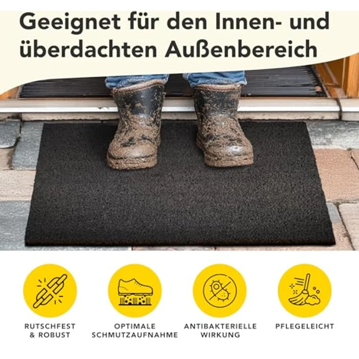 KARAT Fußmatte für Außen und Innen, 60x90 cm Schwarz 17mm Höhe, Türmatte aus Kokos, Schmutzfangmatte, Kokosmatte mit Rutschfester Rückseite für Haustür, Eingang – Bild 3